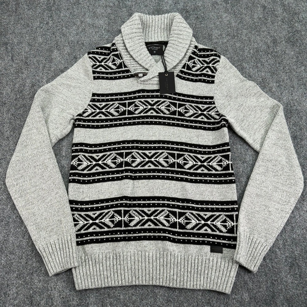 Outpost Makers Sweater Mens Medium Grey Black Fair Isle Shawl Collar Knit‎ NWT